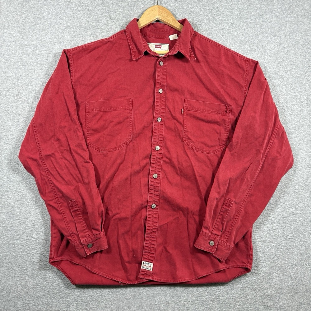 Vintage 90s Levis Red Tab Workshirt Mens XL Red Cotton Canvas Button Down Shirt